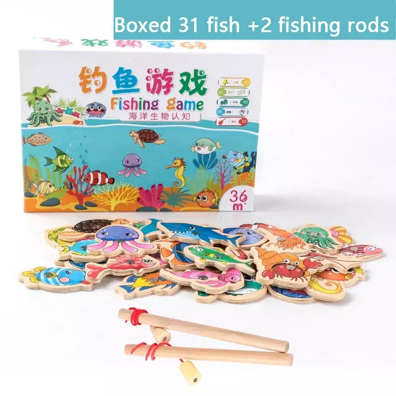 어린이 낚시 장난감, 나무 제품, 마그네틱 퍼즐 게임, 바다 테마, 재미있는 아기 생일 선물