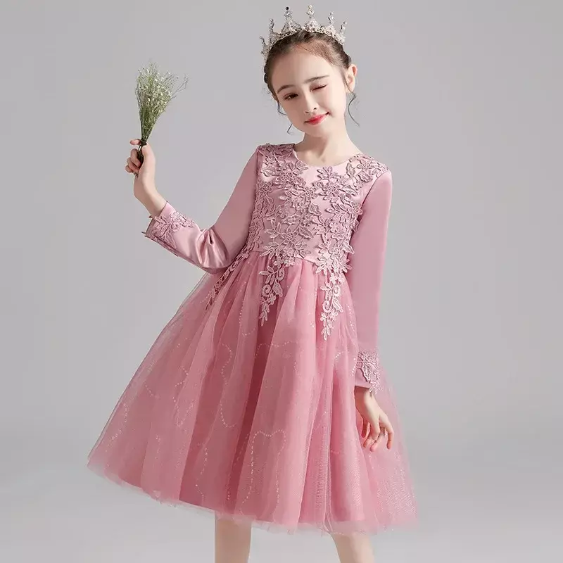 Girls' formal dress, spring new children's clothing, long sleeved fluffy skirt, little girl hosting runway show, princess dress,