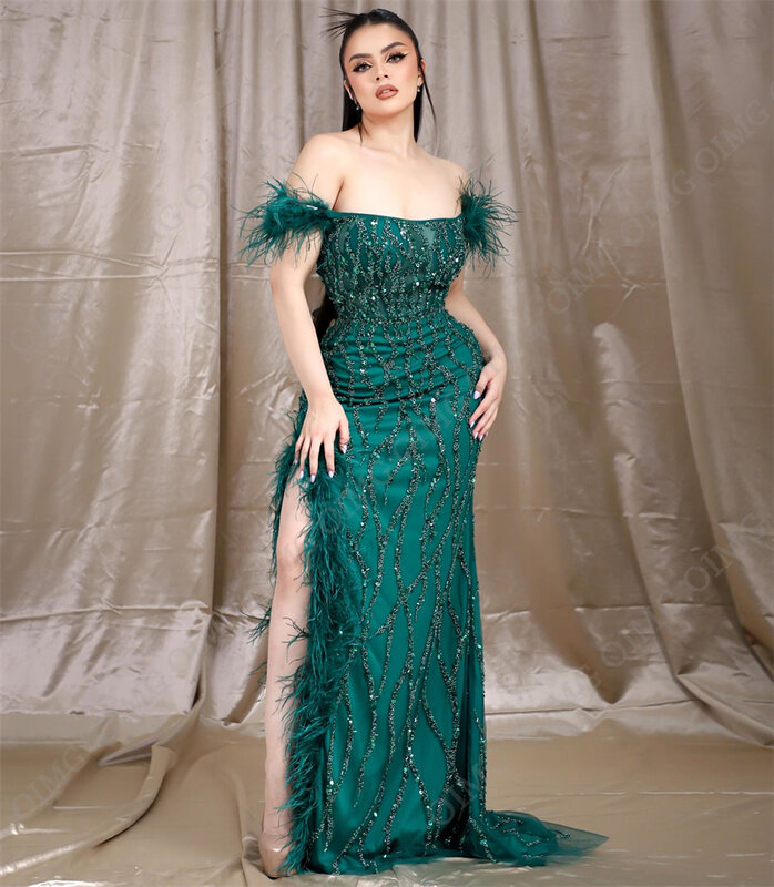 OIMG Luxury Green Shiny Beading Sequined Prom Dresses Off the Shoulder Feather Saudi Arabic A-Line Evening Gowns Formal Dress