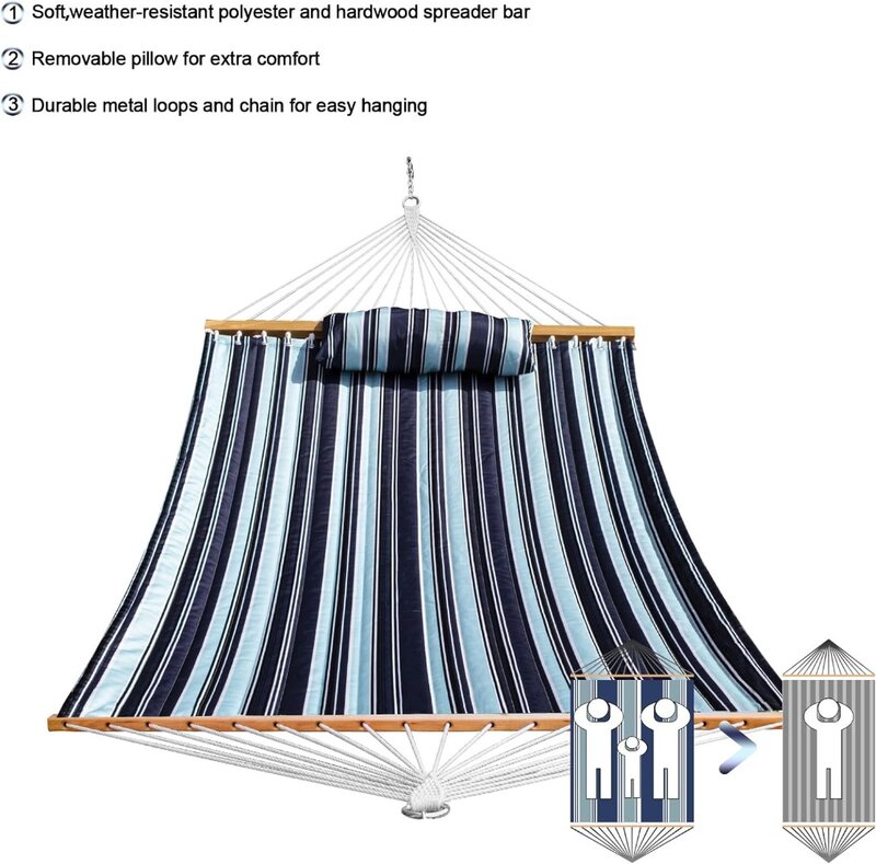 SZHLUX Outdoor Quilted Fabric Hammock with Spreader Bars and Detachable Pillow and Chains,Outdoor Patio Backyard Poolside