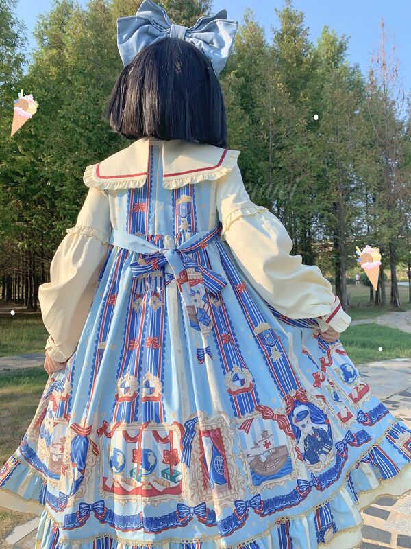 Lolita Kawaii Bear Print Party Dress Soft Sisiter Ruffled Blue Dress Women Princess Dress Halloween Costume For Girls Vintage