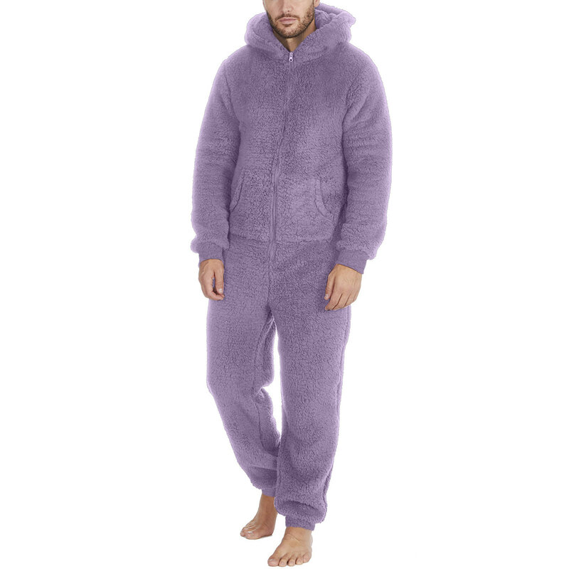 Winter Pajamas Jumpsuits for Men Long Sleeve Hooded Artificial Wool onesie sleepwear Home Warm Fleece Men's pajama jumpsuit