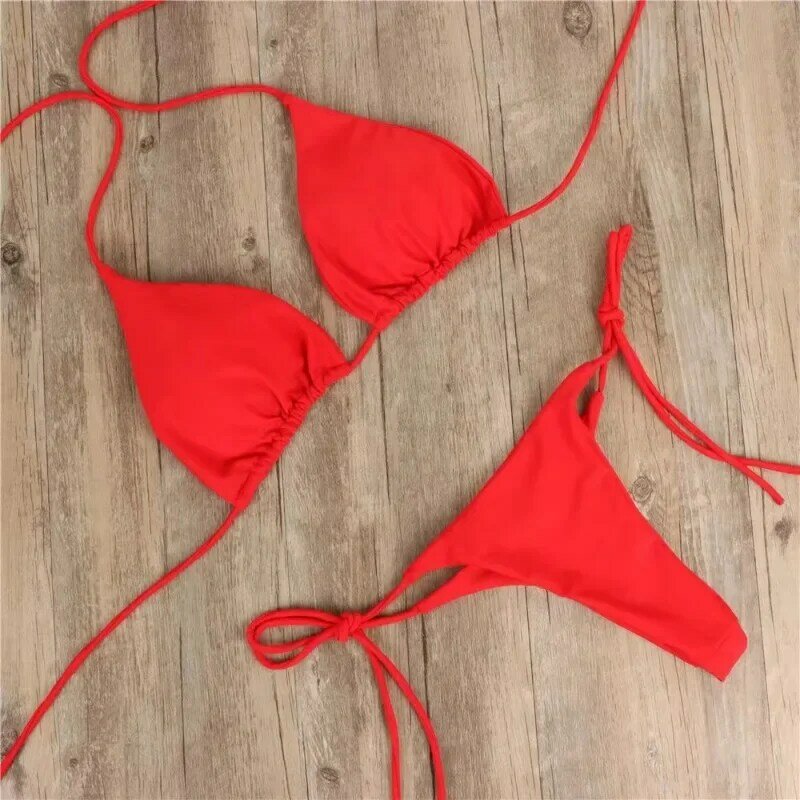 Conjunto de Bikini con Tanga para mujer, bañador Sexy con lazo lateral, traje de baño brasileño de estilo vendaje, ropa de baño de playa de Color sólido 2022