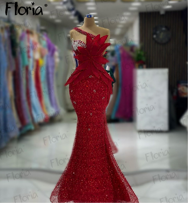 크리스탈 인어 사이즈 웨딩 나이트 드레스, 두바이 공식 무도회 가운, 맞춤 제작 파티 드레스, 레드 신상