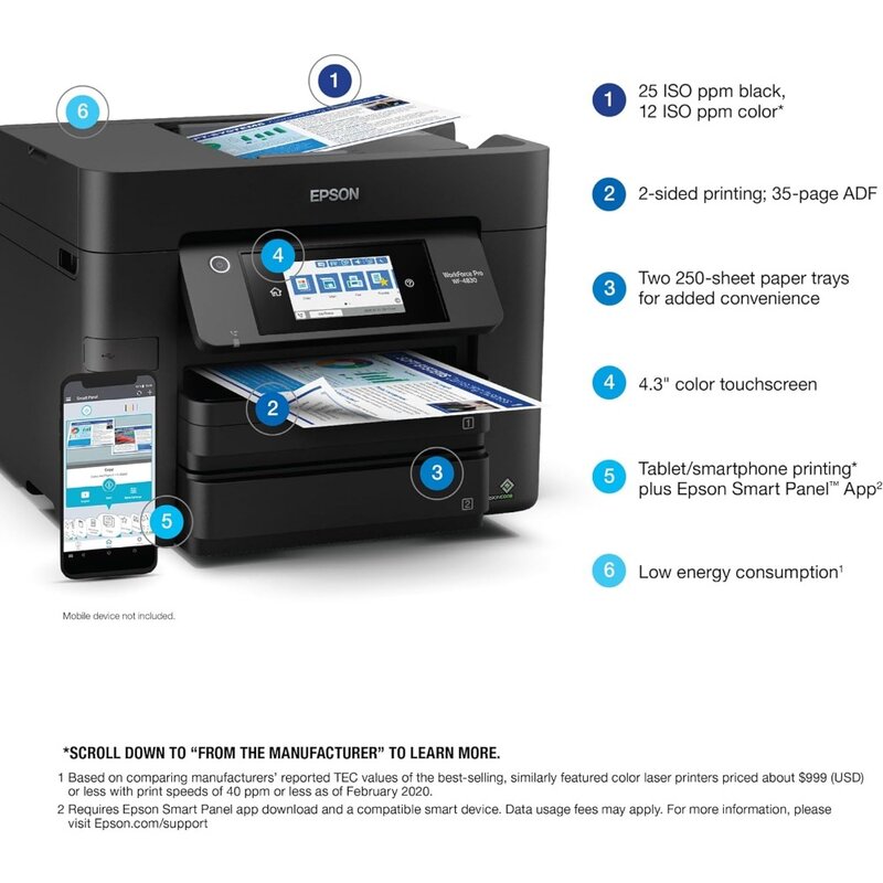 WF-4830 dla pracowników bezprzewodowa drukarka typu All-in-One z automatycznym dwustronnym drukowaniem, kopiowaniem, skanowaniem i faksem, 50-stronicowy ADF