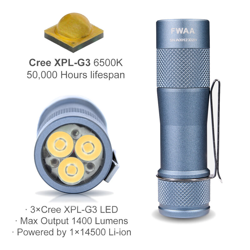 EDC lanterna LED ao ar livre, cauda interruptor tocha, luz de flash poderosa, 14500 bateria, 1400 lumens, IPX8 impermeável, FWAA