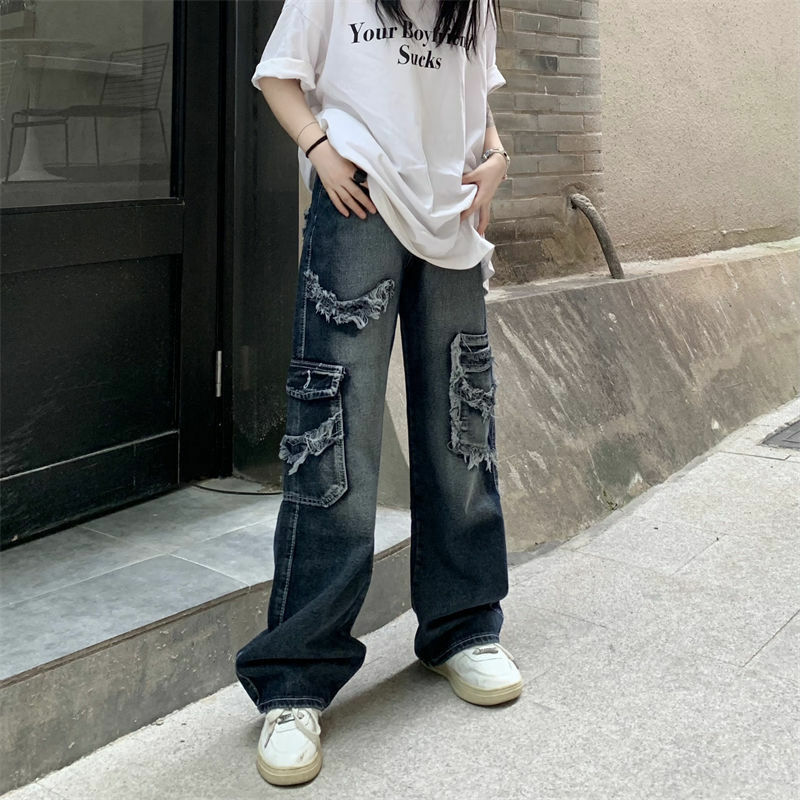 Jeans Cargo larghi Vintage Y2K Streetwear da donna pantaloni a gamba larga dritti a vita alta pantaloni in Denim fata Grunge Alt Clothes