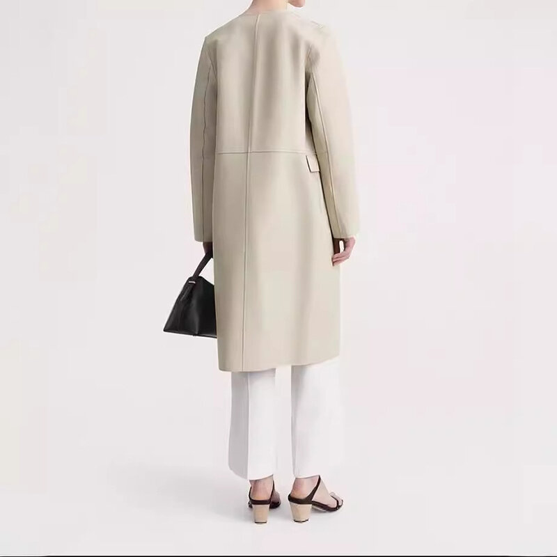 Женская кожаная куртка, весна-осень, модное повседневное Свободное длинное пальто из овчины, Прямой Кардиган 2024