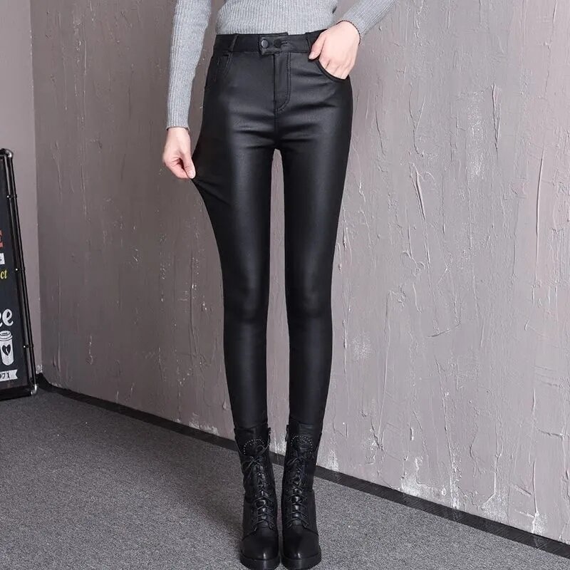 Mulheres de couro PU cintura alta calças justas, calças elásticas, leggings finas, calça de couro falso, preto, velo feminino, sexy, outono