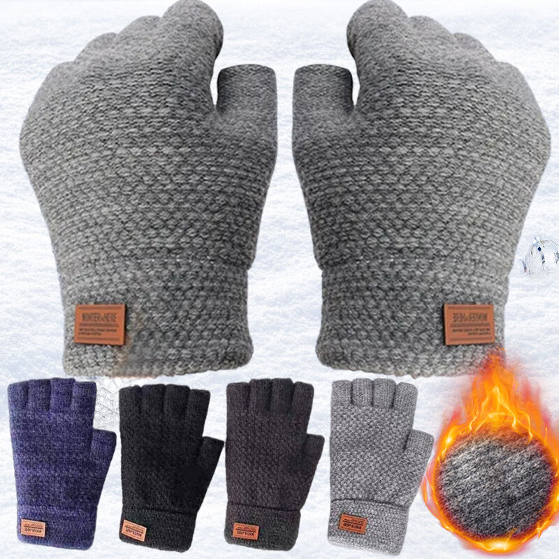 Winter Vingerloze Handschoenen Voor Mannen Half Vinger Schrijven Kantoor Gebreide Dikke Wol Warm Label Dikke Elastische Outdoor Rijden Handschoenen