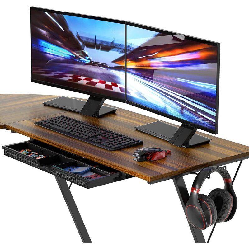 Meja SHW Vista bentuk L dengan dudukan Monitor, Walnut