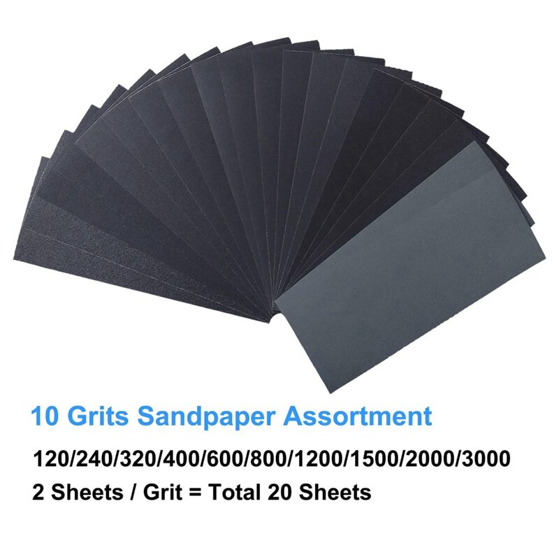 Sandpaper Variety Pack, 20PCS Sand Paper Assorted For Wood Metal Sanding, Wet Dry Sandpaper Sheets , 9 X 3.6 Inch Easy Install