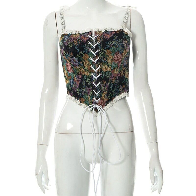 Floral Pleated Bustier Top Trim Over-bust Waist Cinched Bustier Top