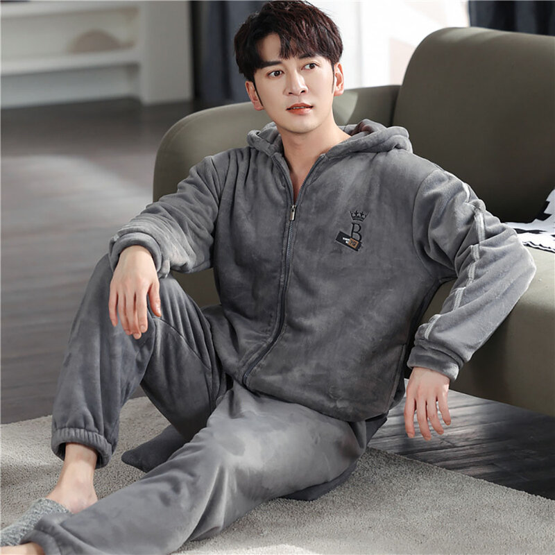 Double-side Flannel High-density Warm Pijama Hombre Big Size Pajamas Sleepwear 4XL Loose Zipper Hooded Thick Winter Pyjama Homme