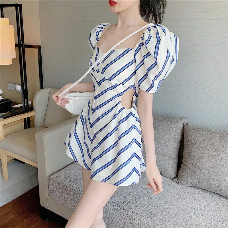 Woman Jumpsuits Square Collar Sexy Skinny Striped Short Puff Sleeve Casual Fashion Beach Women Cottagecore Rompers New Playsuits