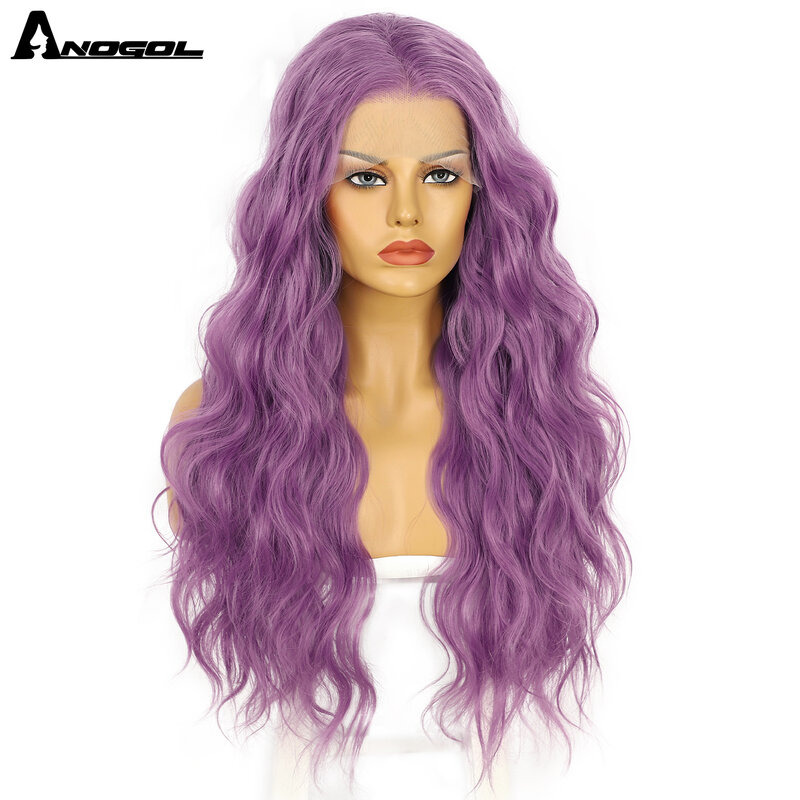 Anogol peruca sintética 13x3 fechamento de onda profunda perucas dianteiras do laço resistente ao calor encaracolado glueless peruca longa roxa para brasileiros femininos