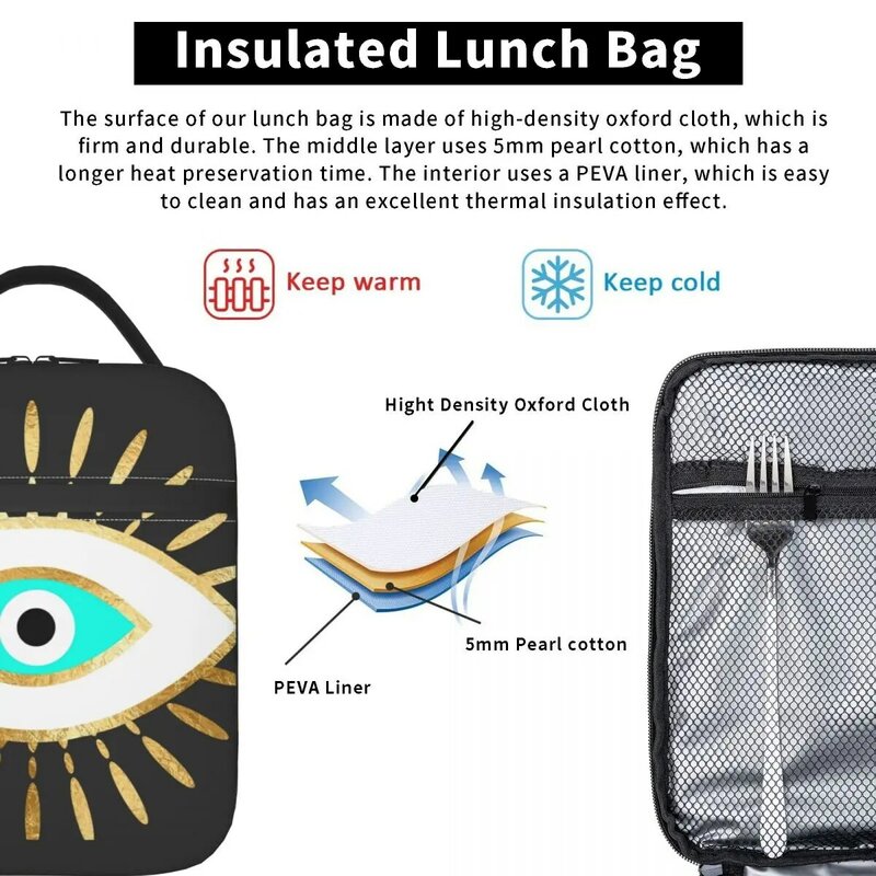 Hamsa Evil Eye Gold Foil Print Insulated Lunch Bag for Women Resuable Nazar Amulet Thermal Cooler Lunch Box Kids School Children