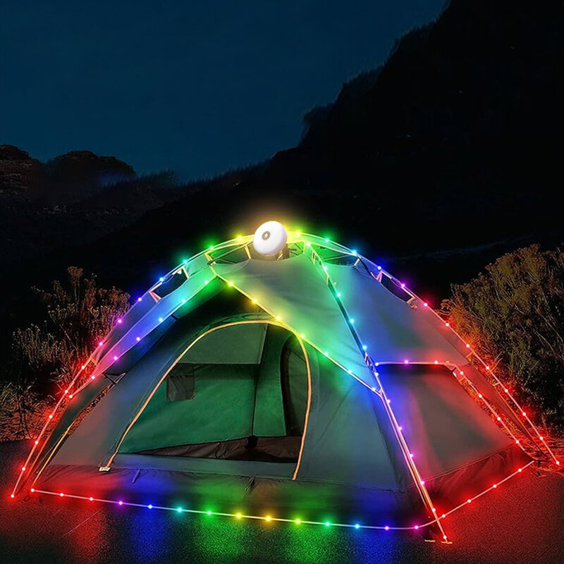 Lampu tali Kemah 2-in-1, lampu tali Reel LED, lampu tenda luar ruangan 8/10meter, lampu suasana RGB untuk dekorasi ruang tenda taman