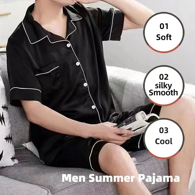 Pijama de seda de hielo para hombre, conjunto de ropa de dormir, camisón negro y gris, XXL, 3XL, 4XL, camisas, pantalones cortos, Color liso, informal