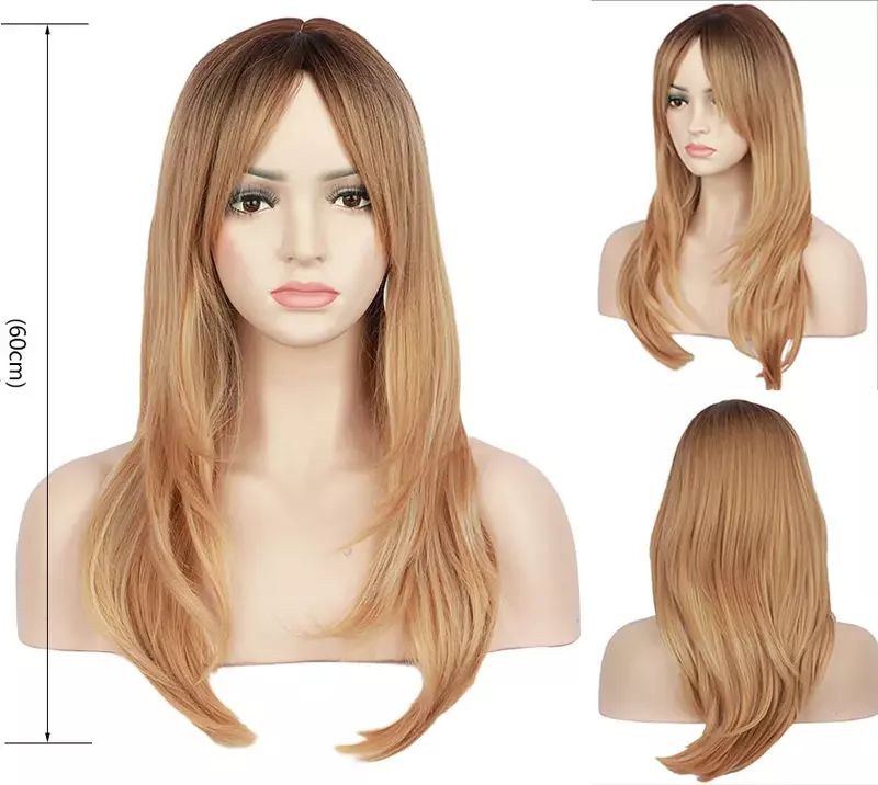 60cm New Women's Long mixed Brown Middle Part Ombre Wavy Cosplay Hair Full Wig