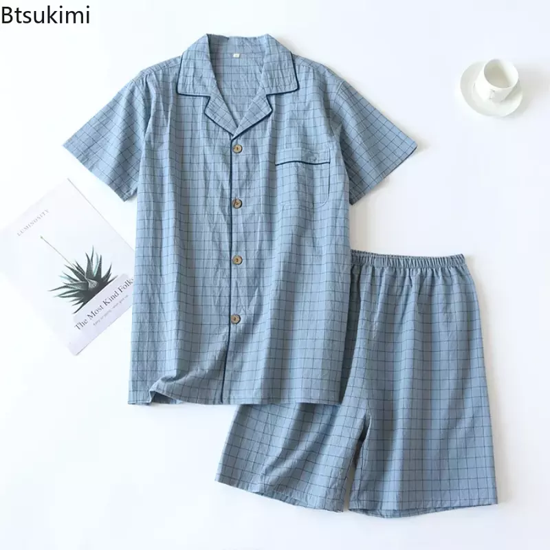 New2024 Men's Summer PajamasThin Short-sleeved Shorts Soft Cotton Simple Japanese Plaid Home Service Suit Pantalon Pijama Hombre