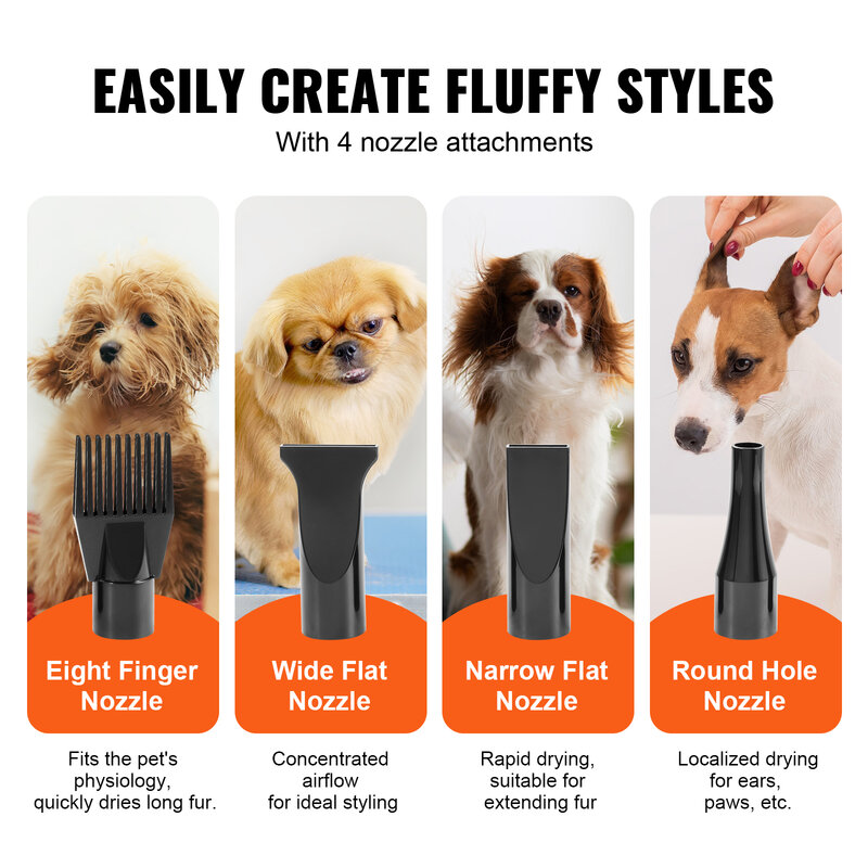 VEVOR-Controle de Temperatura Dog Blow Secador, Velocidade Ajustável, 4 Bicos, Mangueira Extensível, Pet Hair Grooming, 2000W, 2.7HP
