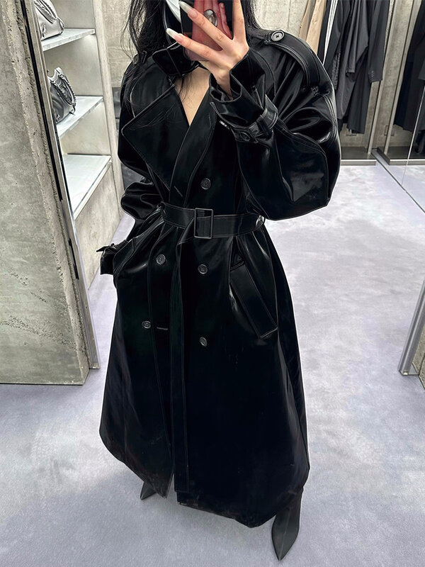 Lautaro Spring Autumn Extra Long Oversized Cool Reflective Shiny Black Paten Leather Trench Coat for Women Belt Runway Fashion