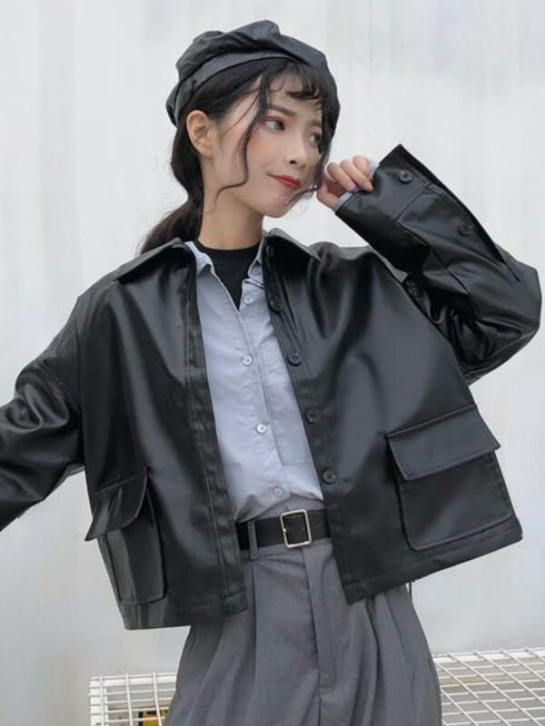 Autunno corto giacca in pelle PU donna 2022 inverno moda coreana sottile cappotto da motociclista sciolto tasche Vintage femminili Streetwear Chic Top