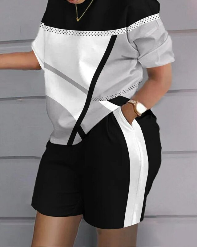 Set pakaian lengan pendek kasual wanita, atasan kaus bersaku leher O motif huruf mode musim panas 2023