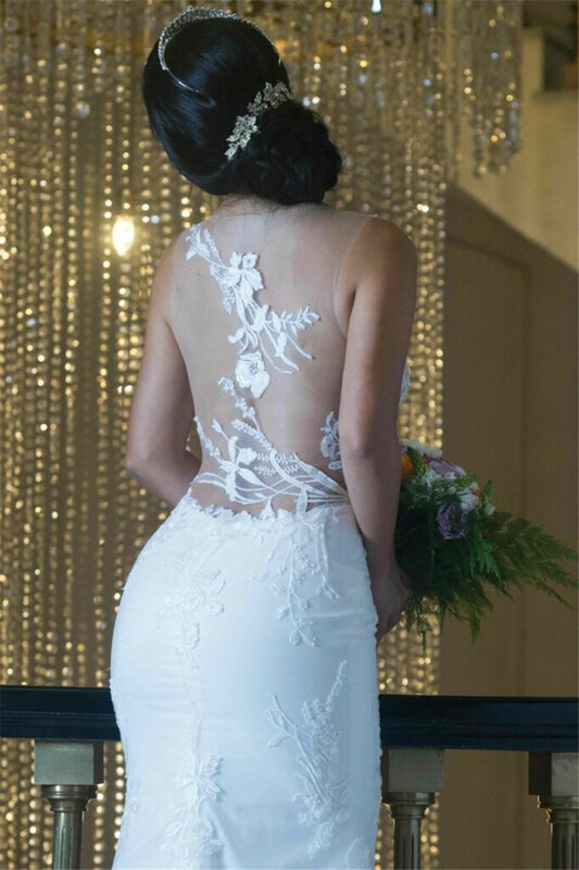 Robe de mariée sirène à manches longues, luxe, Illusion, Simple, Sexy, longueur au sol, avec des Appliques