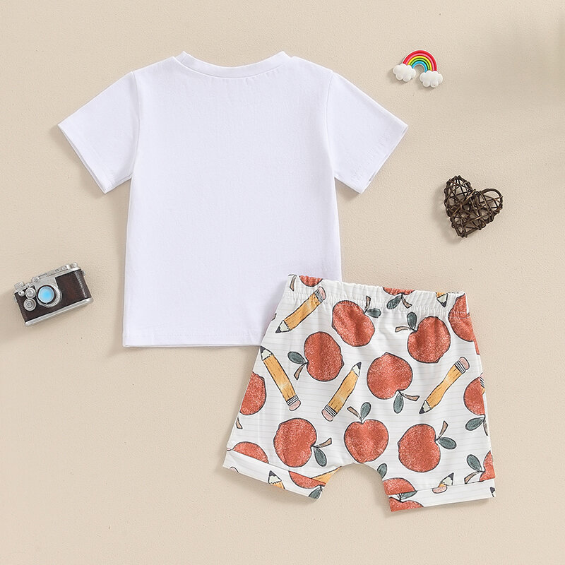 2024-03-29 lioraitiin Toddler Boys Clothes Set Short Sleeve Letters Print T-shirt with Fruit Crayon Print Shorts Summer Outfit