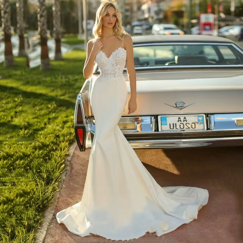 Свадебное платье с аппликацией и юбкой-годе, кружевное привлекательное простое богемное свадебное платье с вышивкой бисером на тонких бретельках