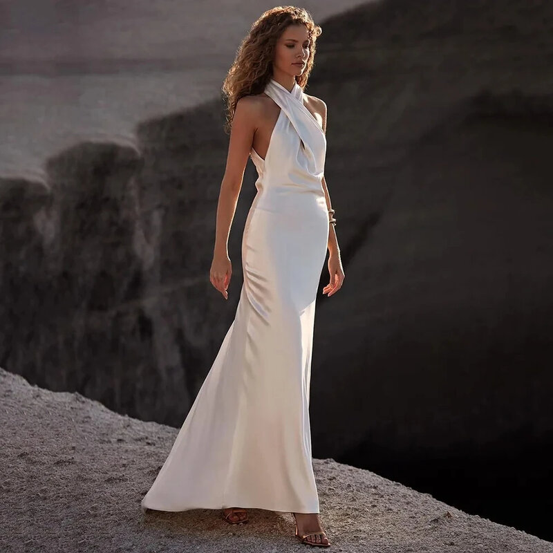 Женское атласное платье It's yiiya, белое платье в пол без рукавов с лямкой на шее и открытой спиной на лето