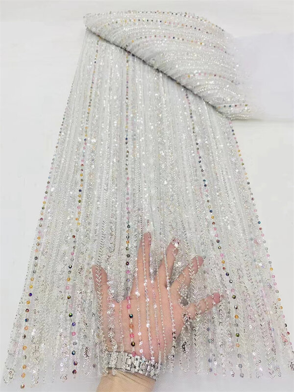 Tela de encaje de tubo con cuentas de bordado africano de lujo, tela de encaje de lentejuelas nigerianas, 5 yardas para vestido de fiesta de boda, 2024