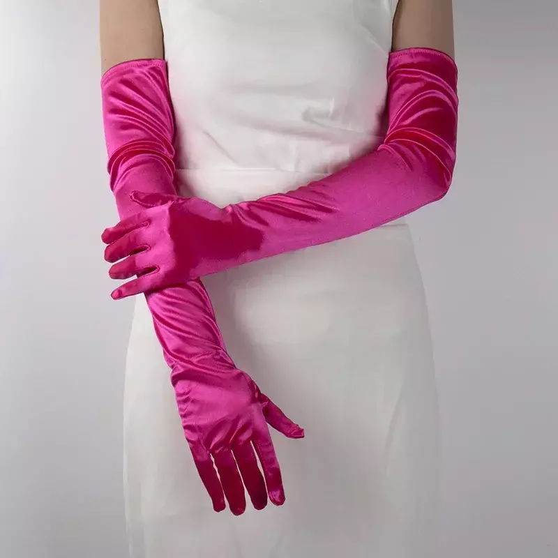 ถุงมือซาตินยาวนวมสำหรับผู้หญิงถุงมือสีดำหลากสีอุปกรณ์เสริมเซ็กซี่คอสเพลย์นุ่มเรียบสีพื้นยืดสูง