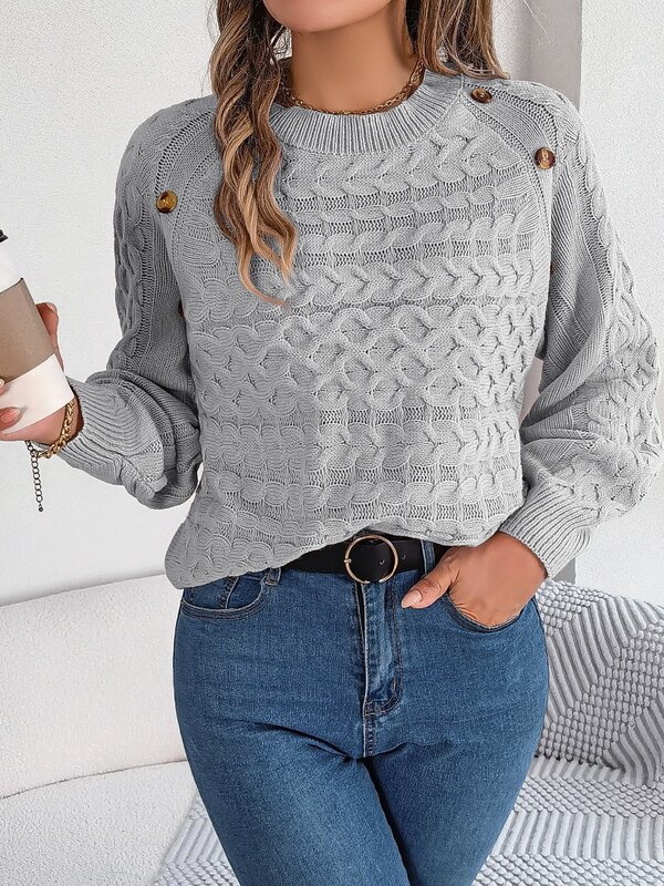 Casual Loose Fried Dough Twists Knit Sweater Pullover for Women's Pullovers 2023 New O-neck Solid Button Full Sleeve Pullover
