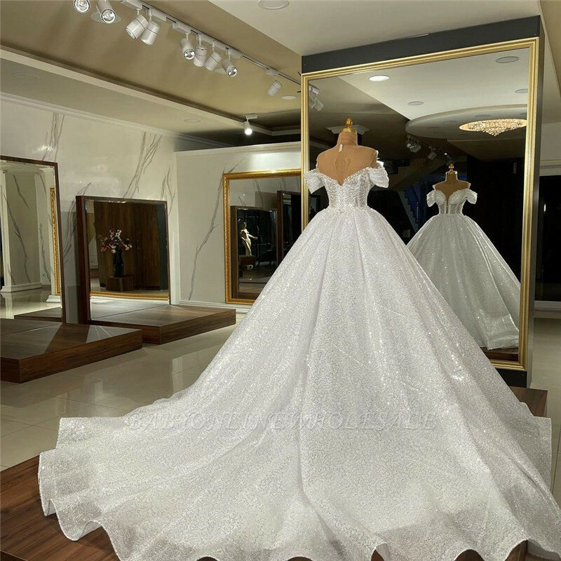 Luxo lantejoulas drapeado vestido de noiva requintado fora do ombro v-neck a-line vestido de casamento com trem de varredura robe de mariee