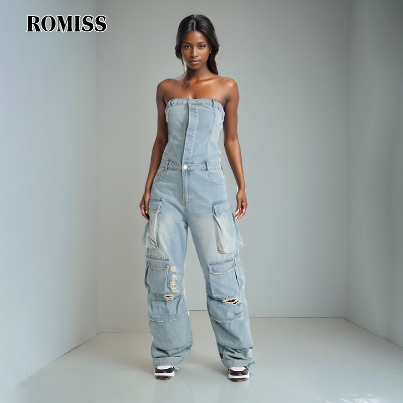 Romiss จั๊มสูทผ้ายีนส์แบบลำลองเอวสูงไม่มีสายคาดเอวมีกระเป๋า