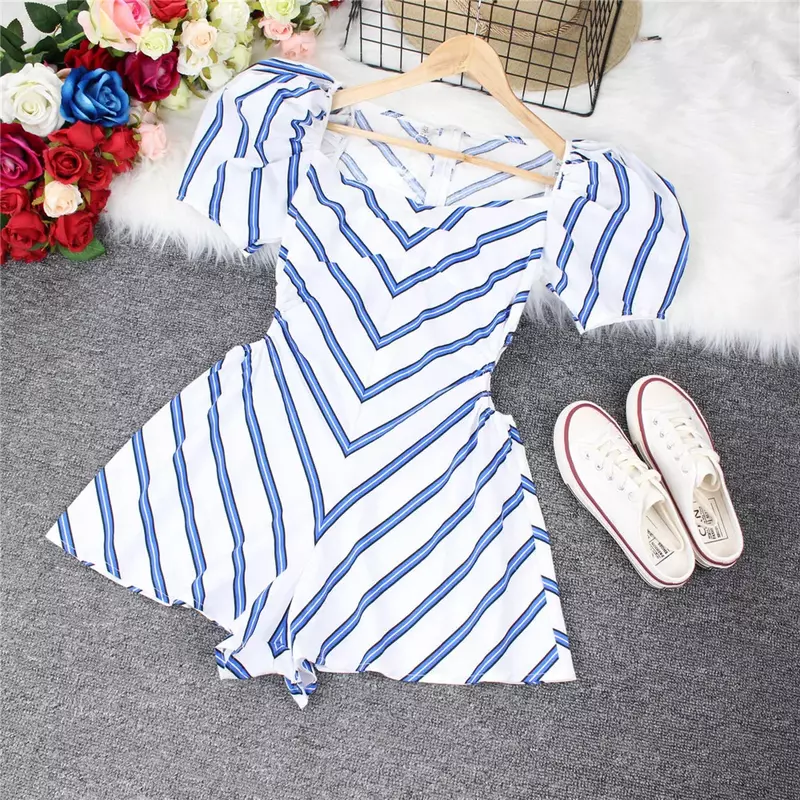 Woman Cottagecore Rompers Sexy Hollow Puff Sleeve Jumpsuits Elegant Square Collar Striped Short Fashion Beach Women Playsuits