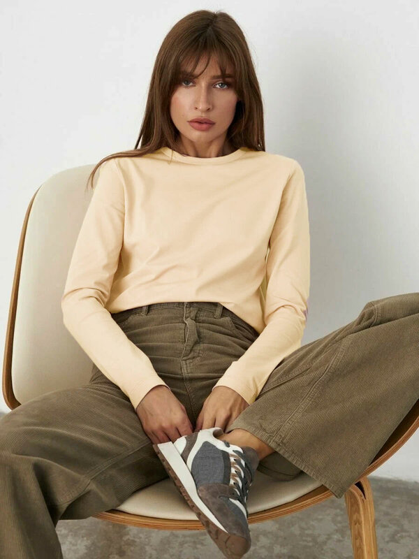 Wolfeel-T-shirt à manches longues pour femme, 100% coton, basique, solide, printemps, automne
