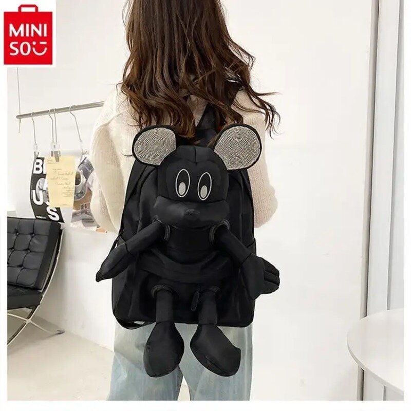 MINISO Disney-mochila con tachuelas de dibujos animados de Mickey para mujer, mochila con lentejuelas de diamantes, bonita, dulce, gran capacidad para niños