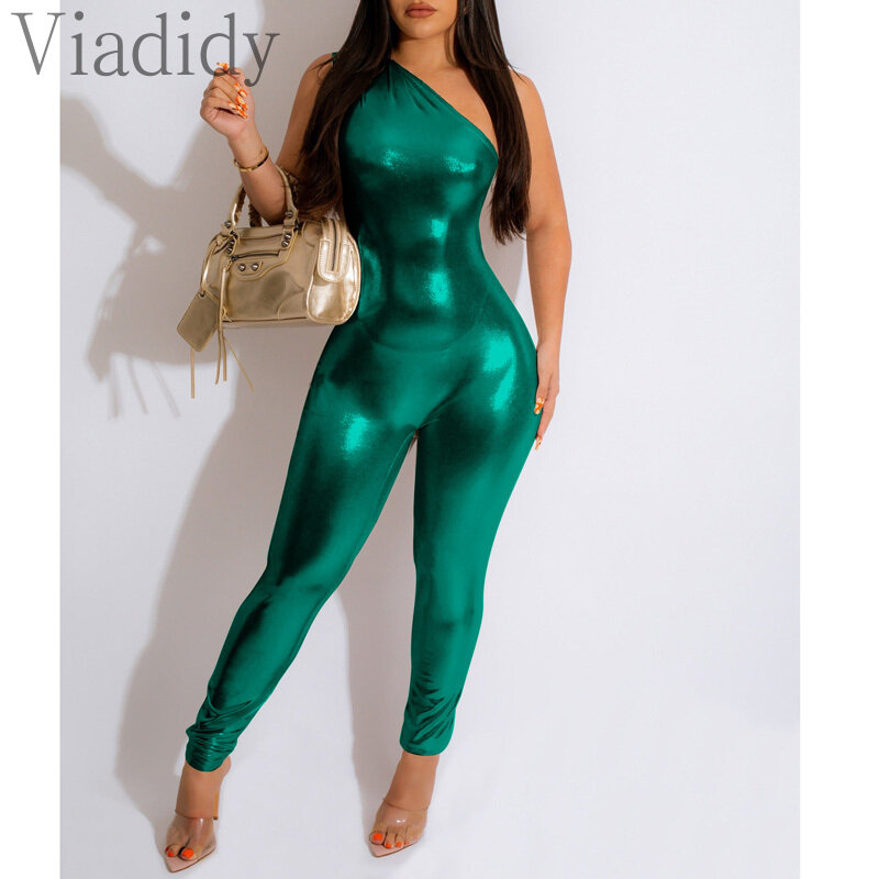 Women Sexy Solid Color One Shoulder Sleeveless Bodycon Jumpsuits