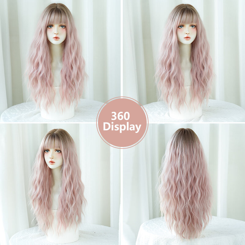 Perucas 7jhh-peruca sintética para as mulheres, onda do corpo, rosa claro, com raízes escuras, alta densidade, cabelos ondulados, para festa diária
