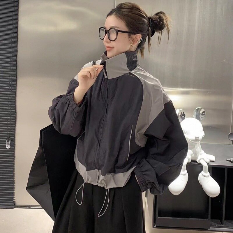 2024 Spring Fashion Stand Up Neck Contrast Spliced Short Coat Women's Drawstring Sprint Jacket Top Ins Female Clothing