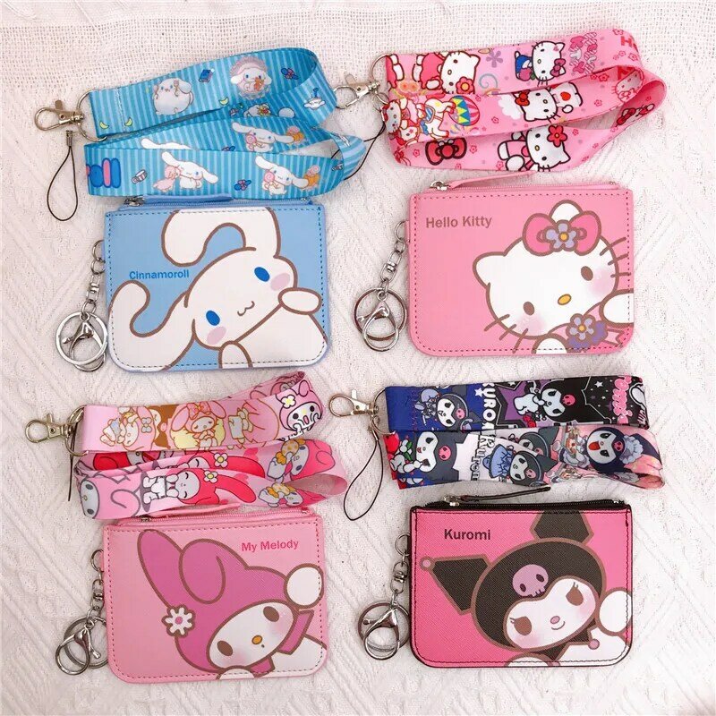 Kawaii Sanrio Kuromi Hallo Kitty Cinnamorroll Melody Pachacco Pom Purin Leder Karte Halter Schöne Münze Brieftasche Schlüssel Kette Anhänger