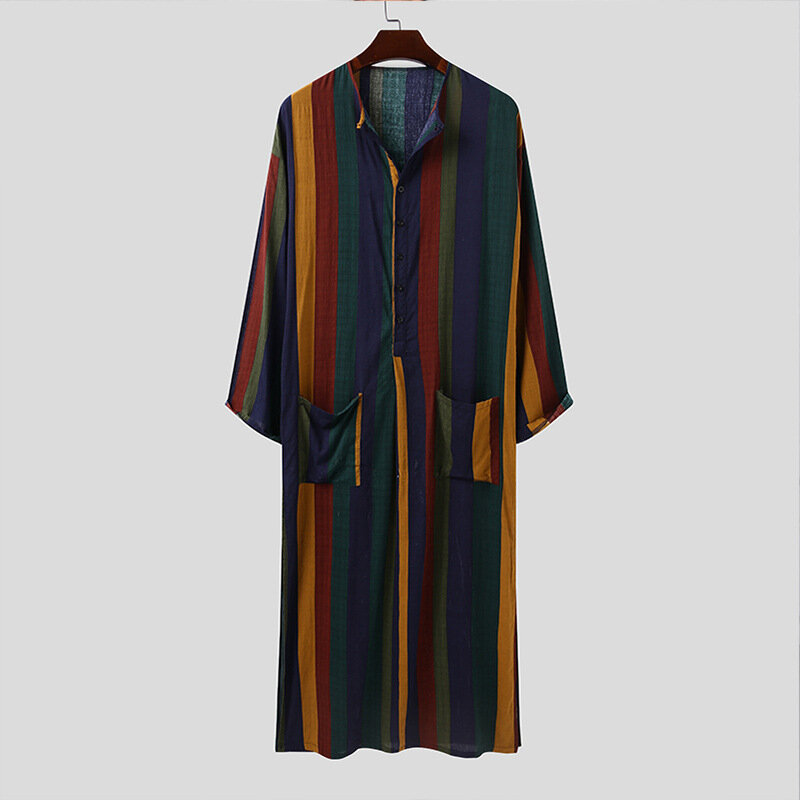 Muslim Men's Jabba Thobe Middle Eastern Male LongSleeve Arabian Striped Print Shirts 2023 New Casual Loose Big Pocket Robes