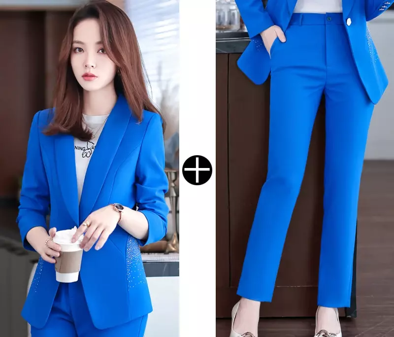 Koreańska wersja modnego i stylowego profesjonalnego garnituru z temperamentem dojeżdżającego do pracy w kolorze niebieskim dla kobiet na jesień i zimę
