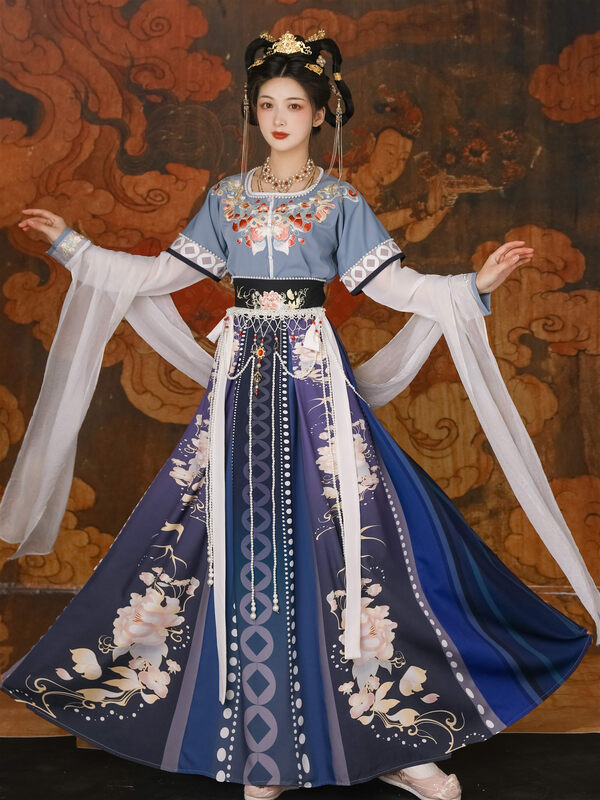Hanfu merah dan biru pakaian tradisional Cina wanita elemen Han perempuan perbaikan harian gaya DunHuang Cosplay sinicisasi