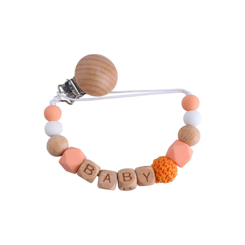 Cadena de soporte para chupete de bebé con nombre personalizado, soporte para chupete hecho a mano con letras de haya, mordedor para dentición