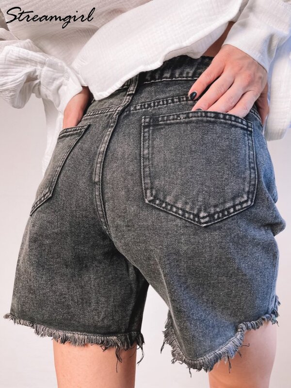 Streamgirl-shorts jeans femininos azuis de cintura alta, shorts jeans casuais chiques soltos, verão, 2024